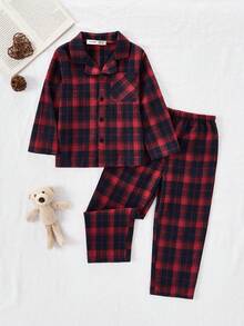 2 piezas Conjunto de camisa a cuadros clásica y pantalones para niño pequeño, ropa de estar en casa informal