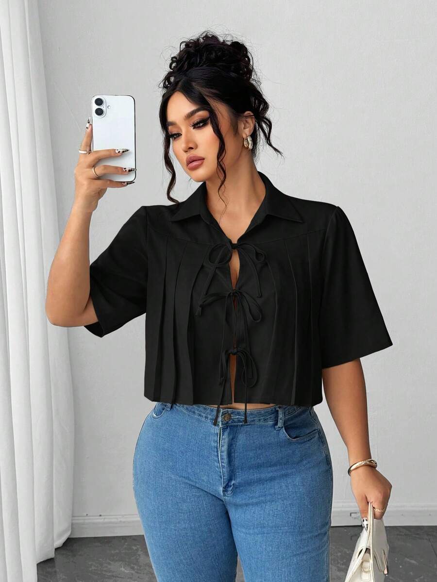 Elenzga 女士褶裥蝴蝶结前短款优雅衬衫 - 黑色 - 查看 1