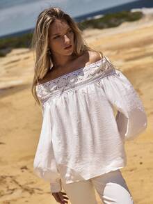 MOTF STUDIO 女士亚麻蕾丝钩边单肩衬衫