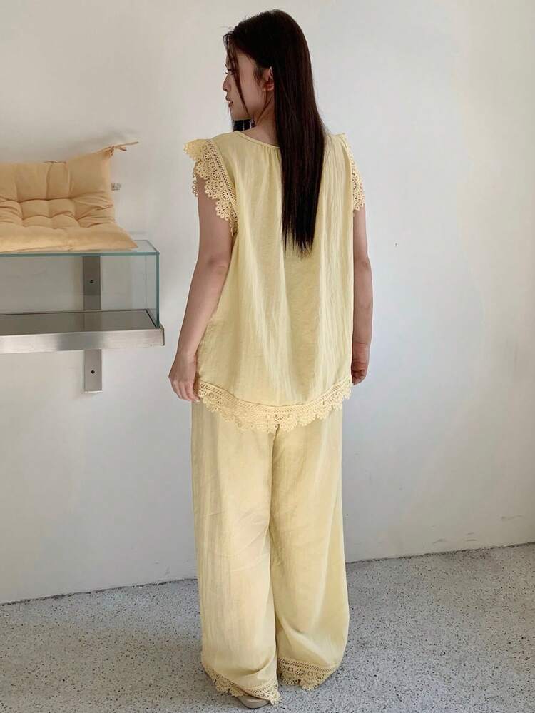 Dazy Plus 2pcs Cute Homewear Set, Solid Color Loose Sleeveless Top And Long Pants, Spring/Summer Pajamas