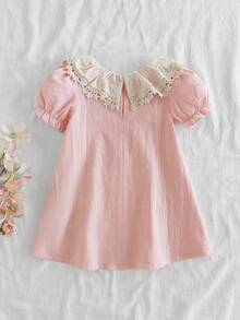 SHEIN Vintaside Kids 1件女婴舒适时尚常规厚度圆领连衣裙，饰有可爱蝴蝶结，百搭基础款泡泡袖柔软连衣裙，适合夏季休闲、户外、旅行、上学和日常穿着。 - 彩色 - 查看 2