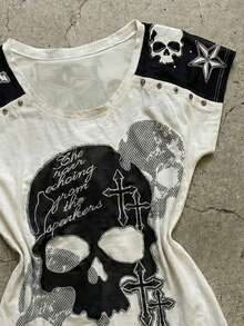 Glimmora Fashionable Printed Fitted Crew Neck Short Sleeve T-Shirt, Summer - Black and White - View 4