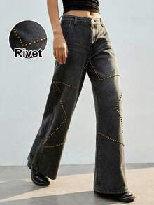 Maija Jeans anchos y sueltos de moda casual para mujer con decoración de remaches y estampado de estrellas - Negro - Ver 1