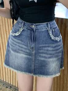 DAZY 女士高腰带口袋毛边休闲短牛仔裙裤 - 中等水洗藍 - 查看 10