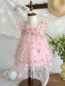 LMoss Kids Vestido casual para niña con cuello cuadrado, volantes y bordado de malla de unicolor tejido - Rosa - Ver 7