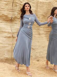 Modelyn Lace Patchwork Metal Buckle Pleated Waist Fitted Bodycon Long Sleeve Dress For Women, Autumn - Baby Blue - View 7