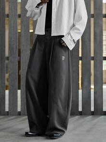 NEON BLANC Men's Casual Everyday Commute Fashion Street Striped Print Pleated Loose Wide Leg Pants - Dark Grey - View 2
