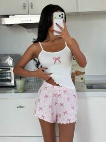 SHEIN 性感蝴蝶印花吊带背心和短裤睡衣套装 - 白色 - 查看 5