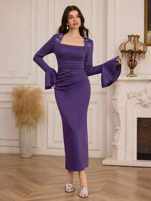 Modelyn Vestido formal elegante de mujer con cuello cuadrado, mangas abullonadas, cintura ceñida y ajuste delgado con detalles florales 3D - Morado - Ver 3