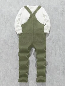 男童字母图案休闲牛仔背带裤 - 軍綠色 - 查看 3