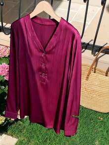 Franclia Women's Plus Size Red Casual Long Sleeve V Neck Blouse With Button Details - Red - View 1