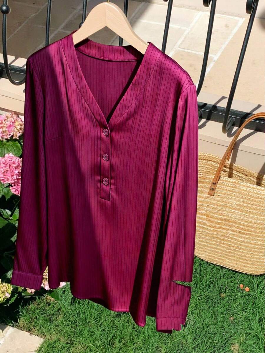 Franclia Women's Plus Size Red Casual Long Sleeve V Neck Blouse With Button Details - Red - View 1