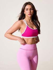 SHEIN Sovereign Charm Seamless Knit Women's Adjustable Strap Removable Contrast Color Sports Bra - Hot Pink - View 3