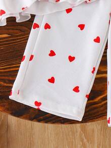 2pcs/Set Baby Girl Knitted Ruffle Design Top & Heart Print Straight Pants Outfit, Fashionable Casual Clothing For Valentine's Day - White - View 4