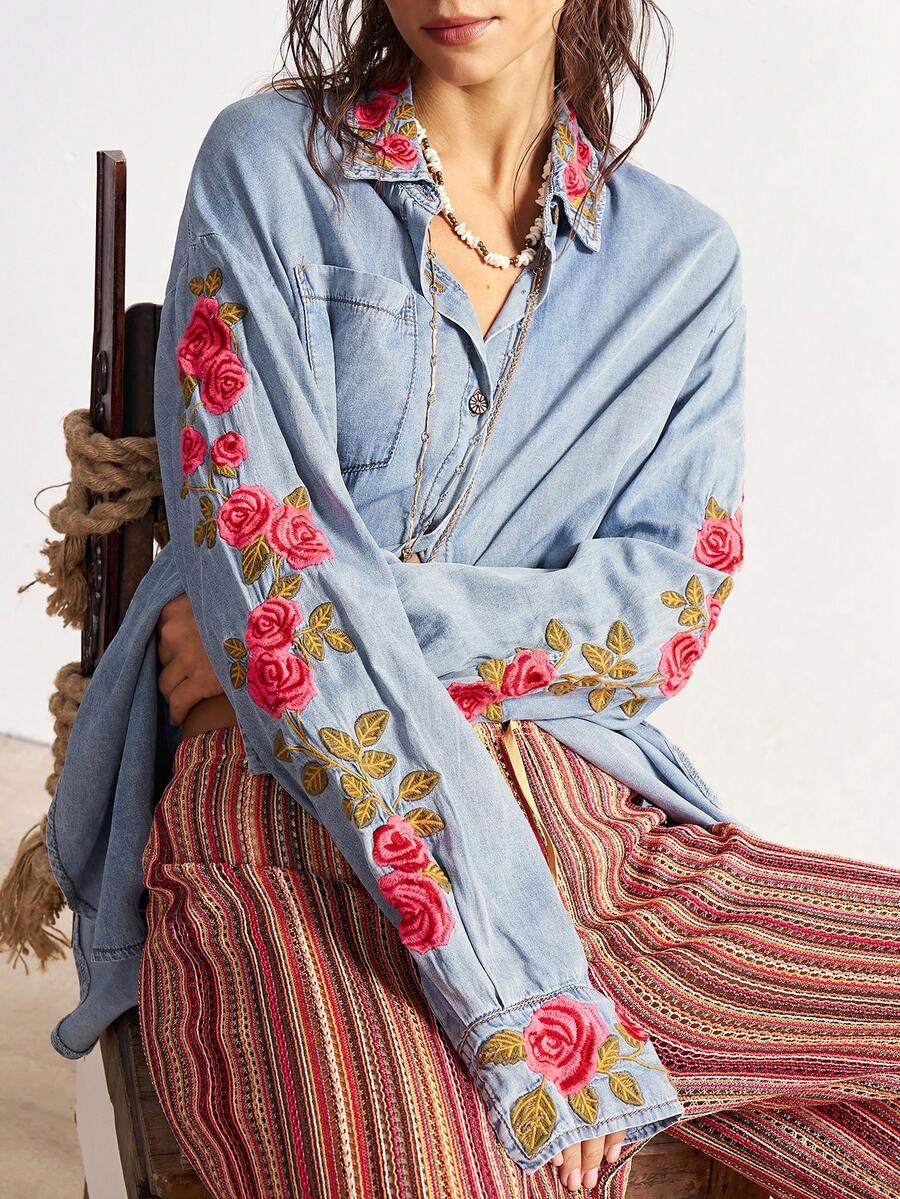 Bohemela Áo sơ mi denim nữ tay dài thêu hoa, cài một hàng cúc, dáng rộng, có túi. - Màu xanh lam - Xem 1
