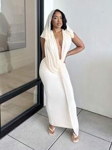 Alexandranx Deep Draped Neck Sleeveless Apricot Mesh Knit Bodycon Dress, Wedding Style,Fall Wedding Guest Dress - Apricot - View 2