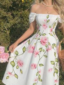 SHEIN MOD 女士优雅露肩印花连衣裙 - 白色 - 查看 2