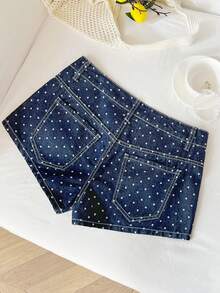 Elamini Y2K Fashion Casual Polka Dot Low Waist Denim Shorts - Dark Wash - View 2