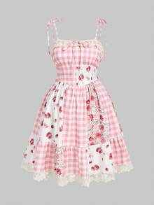 Sweetness Đầm ngắn cạp cao kiểu đồng quê dễ thương dành cho nữ, họa tiết dâu tây kẻ caro, thích hợp cho kỳ nghỉ xuân/hè. - Hồng - Xem 1