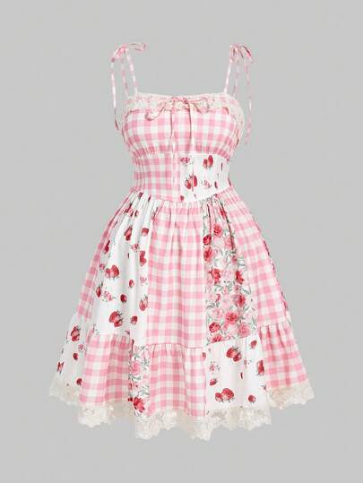 Sweetness Plus Size Cute Countryside Style Patchwork Strawberry Plaid High Waist Vacation Dress, Spring/Summer