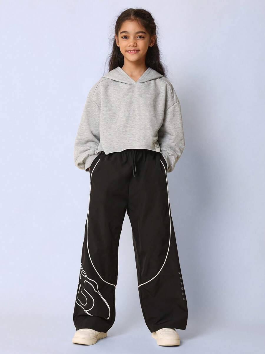 SUMWON Tween Girls Crop Overhead Raw Hem Hoodie And Loose Fit Pant With Graphic Print 2 Piece Set Vacation - Grey - View 1