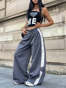 Coolane 女士秋季街头风演唱会锐舞节外出复古Y2K撞色宽松阔腿裤 - 灰色 - 查看 6