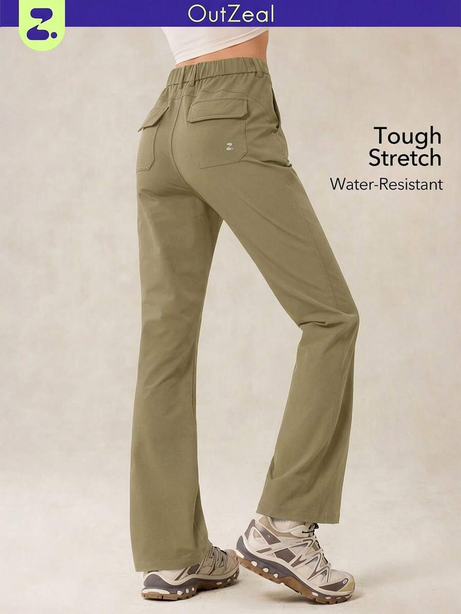 OutZeal Pantalones para mujer para exteriores de unicolor, resistentes al agua, elásticos, de nailon, de pierna acampanada y ajustados, para camping y senderismo, para primavera y verano - Caqui - Ver 1