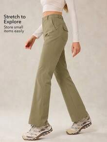 OutZeal Pantalones para mujer para exteriores de unicolor, resistentes al agua, elásticos, de nailon, de pierna acampanada y ajustados, para camping y senderismo, para primavera y verano - Caqui - Ver 4