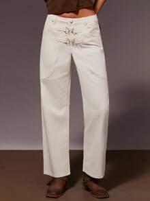 Athîral 女士休闲金属扣牛仔裤 - 白色 - 查看 2