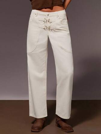 Athîral Women's Casual Metal Buckle Denim Jeans