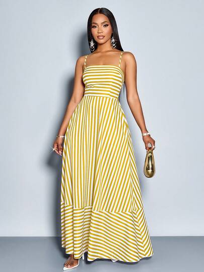SOLERSUN Women's Flowing Striped Maxi Dress With Shoulder Straps, Pockets, And Chest Gathering, Suitable For Vacation, Beach, Commuting, And Casual Daily Wear (Random Floral)