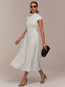 COSMINA Elegant Commuter Women's Dress, Ruched Waist Design, Knit Stretchy Fabric, Comfortable Dress, Black Polka Dot Print Pattern, Daily Wear, Street Style Dress, Valentine's Day Dress, White Dress, Wedding Guest Dress, Wedding Dress - Black and White - View 1