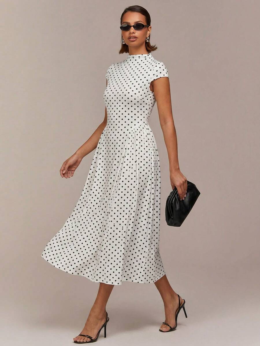 COSMINA Elegant Commuter Women's Dress, Ruched Waist Design, Knit Stretchy Fabric, Comfortable Dress, Black Polka Dot Print Pattern, Daily Wear, Street Style Dress, Valentine's Day Dress, White Dress, Wedding Guest Dress, Wedding Dress - Black and White - View 1
