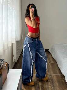 StreetHx Women's Casual Versatile Flared Jeans With Pockets, Button Design And Frayed Hem - Medium Wash - View 3