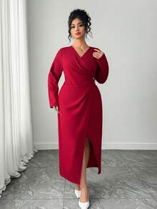 Elenzga Elegantes Wickelkleid in Große Größen für Damen mit V-Ausschnitt, Langarm und Schlitz in Unifarbe mit Raffung - Bordeaux - Übersicht 4