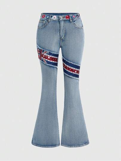 ROMWE Y2K British Flag Patchwork Rivet Vintage Y2K Low Waist Patchwork Jeans