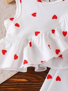 2pcs/Set Baby Girl Knitted Ruffle Design Top & Heart Print Straight Pants Outfit, Fashionable Casual Clothing For Valentine's Day - White - View 8