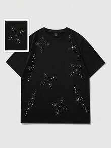 ROMWE MEN Street Life Áo thun tay ngắn Unisex có họa tiết ngôi sao đính đá thời trang, thiết kế theo phong cách đường phố của Mỹ - màu đen - Xem 3