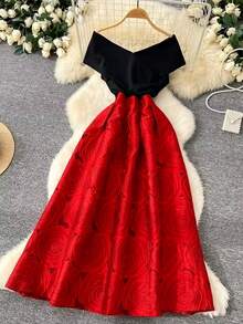 Franclia 女士优雅撞色露肩连衣裙 - 紅色和黑色 - 查看 1