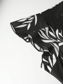 Rometta Plus Size Elegant Leaf Print Waist Cinched Dress, Summer Black And White Leaf Print Dress Black And White Floral Dress Vintage Style Dress Black And White Dress Women - Black - View 4