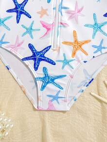 1件装女童可爱彩色星星图案针织长袖连体泳衣，时尚休闲优雅，适合夏季游泳、度假、海滩等场合 - 彩色 - 查看 8