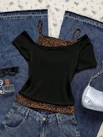 Attitoon Casual Sexy Leopard Print 2 In 1 Vintage Contrast Color Short Sleeve T-Shirt, Grunge Retro Chic, Y2K Style, Suitable For Spring/Summer, Vintage, Casual Vacation, Sexy, Cute, Y2K, Coconut Girl, Boho, Spring Break, Brunch-Ready, Baby Blue, Girls Trip, Neon Beach Vibes, Bohemian, Hippie, Music Festival, Suitable For Summer