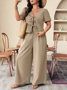 大码纯色V领插肩短袖系带宽松镂空两件套 - 杏色 - 查看 4