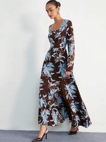 Aveloria Modichic Elegante vestido de manga larga con cuello cuadrado retro francés, cintura ceñida y bajo con abertura, versátil y favorecedora - Multicolor - Ver 2