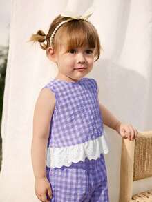 Cozy Pixies 2件套女婴撞色碎花边圆领无袖开衫上衣和松紧腰裤套装 - 紫色 - 查看 3