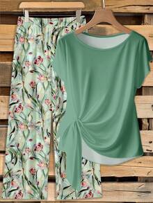 EMERY ROSE 女士系带蝴蝶结衬衫和直筒宽松裤两件套 - 彩色 - 查看 1