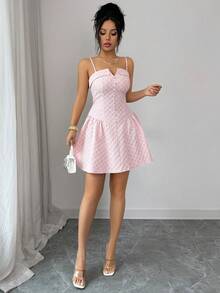 Elenzga Sleeveless Textured Plaid Button Puff Princess Dress, Waist Cinching Design, Elegant & Sweet, Romantic Vacation Sexy Mini A-Line Dress, Sleeveless, Pink - Baby Pink - View 7