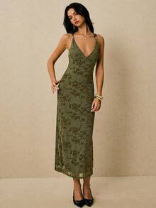 Poéselle Women's Floral Print Backless Criss-Cross Design Sexy Spaghetti Strap Fitted Dress - Army Green - View 6