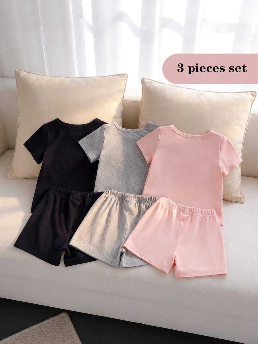 SHEIN Playful Pals 6件套女婴幼儿新生儿0-3岁春夏新款可爱印花灰色、藏青色、粉色T恤短裤套装 - 粉色 - 查看 1