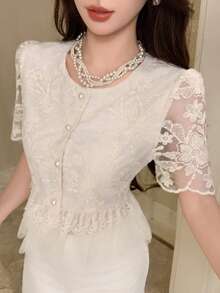 DAZY Cardigan femme en dentelle et patchwork, coupe slim, élégant et décontracté, blanc. Convient pour le printemps, l'été, la Saint-Valentin et les mariages - Blanc - Voir 4
